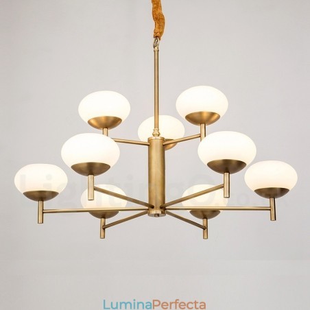 Candelabru cu pandantiv din alamă, retro, rustic, de lux, cu 9 lumini, cu abajur din sticlă Candelabru cu pandantiv din alamă, retro, rustic, de lux, cu 9 lumini, cu abajur din sticlă