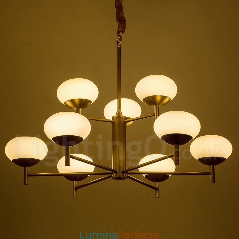 Candelabru cu pandantiv din alamă, retro, rustic, de lux, cu 9 lumini, cu abajur din sticlă