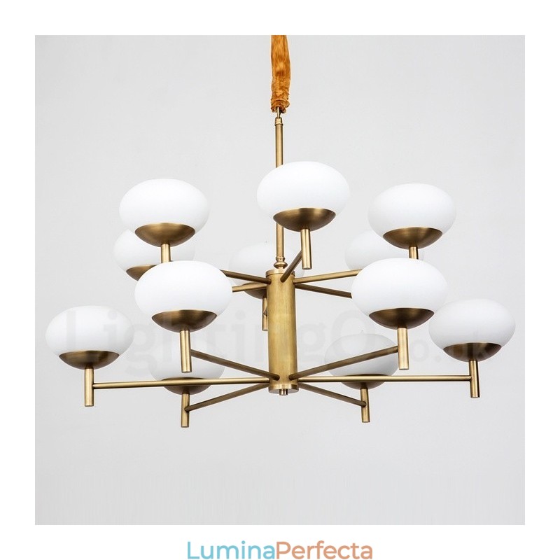 Candelabru cu pandantiv din alamă, retro, rustic, de lux, cu 12 lumini, cu abajur din sticlă