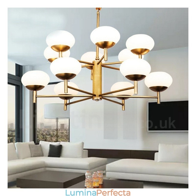 Candelabru cu pandantiv din alamă, retro, rustic, de lux, cu 12 lumini, cu abajur din sticlă