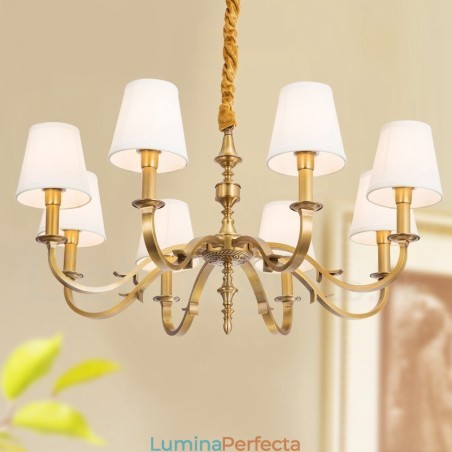 Candelabru cu pandantiv din alamă, retro, rustic, de lux, cu 8 lumini, cu abajur din material textil Candelabru cu pandantiv din alamă, retro, rustic, de lux, cu 8 lumini, cu abajur din material textil