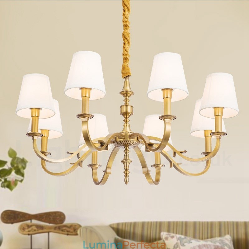 Candelabru cu pandantiv din alamă, retro, rustic, de lux, cu 8 lumini, cu abajur din material textil