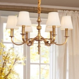 Candelabru cu pandantiv din alamă, retro, rustic, de lux, cu 6 lumini, cu abajur din material textil