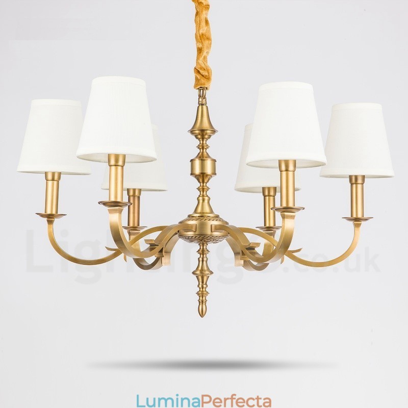 Candelabru cu pandantiv din alamă, retro, rustic, de lux, cu 6 lumini, cu abajur din material textil