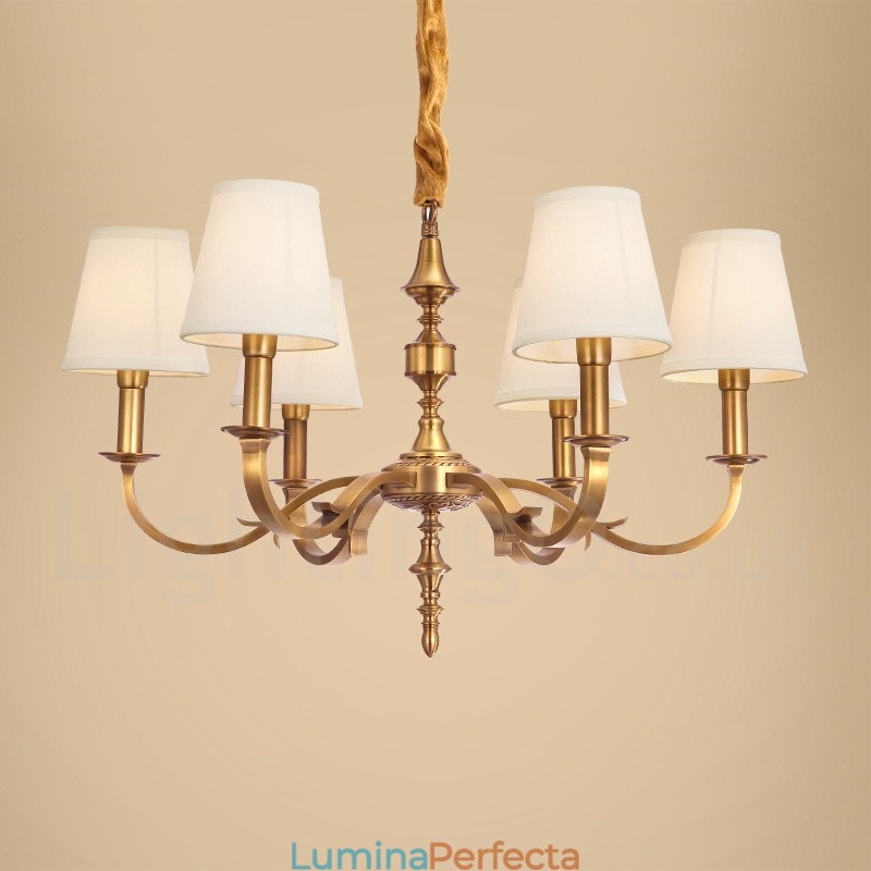 Candelabru cu pandantiv din alamă, retro, rustic, de lux, cu 6 lumini, cu abajur din material textil