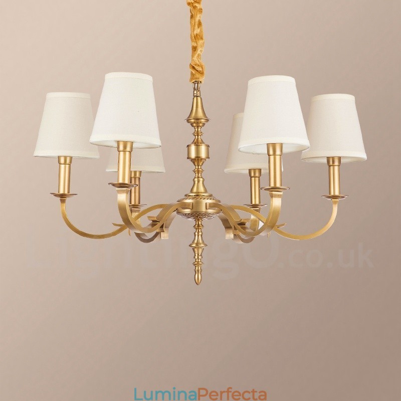 Candelabru cu pandantiv din alamă, retro, rustic, de lux, cu 6 lumini, cu abajur din material textil