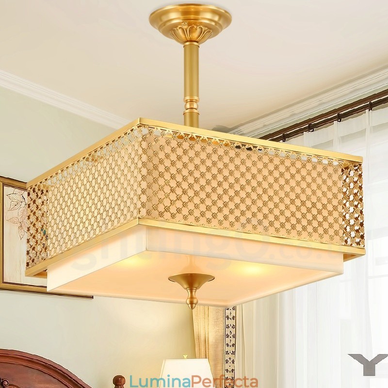 Candelabru cu suspendare din alamă de lux, retro, rustic, cu 4 lumini, cu abajur din material textil