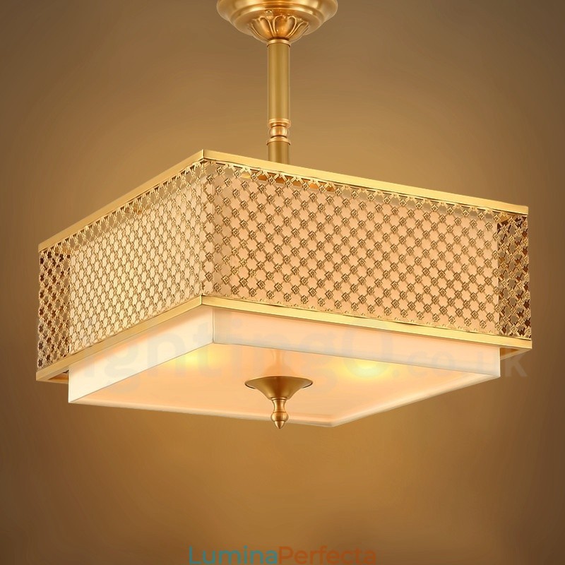 Candelabru cu suspendare din alamă de lux, retro, rustic, cu 4 lumini, cu abajur din material textil