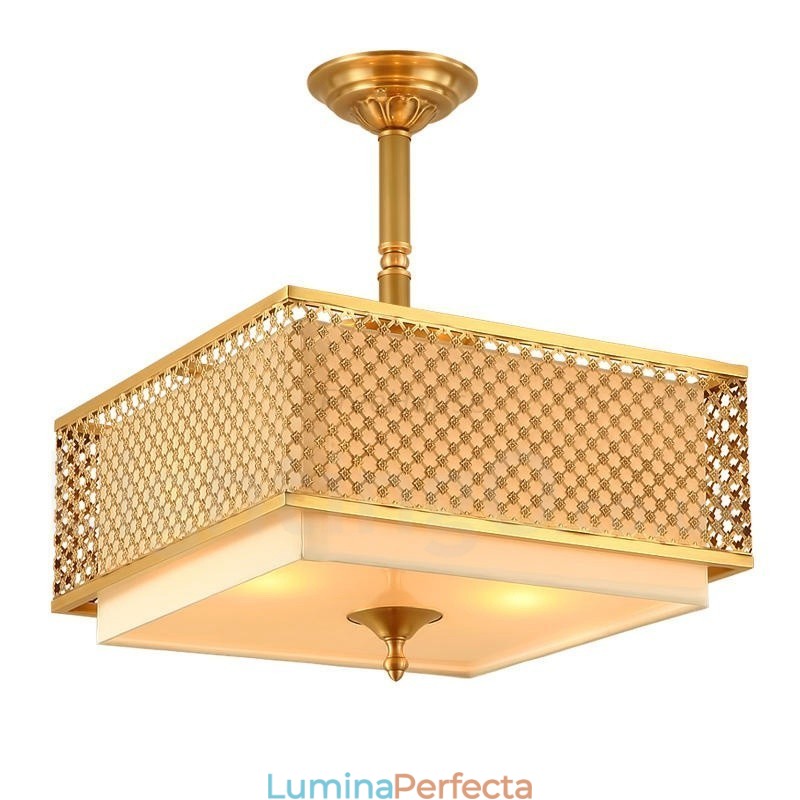 Candelabru cu suspendare din alamă de lux, retro, rustic, cu 4 lumini, cu abajur din material textil