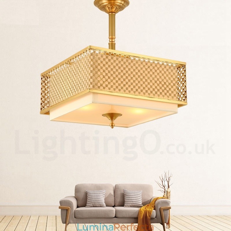 Candelabru cu suspendare din alamă de lux, retro, rustic, cu 4 lumini, cu abajur din material textil