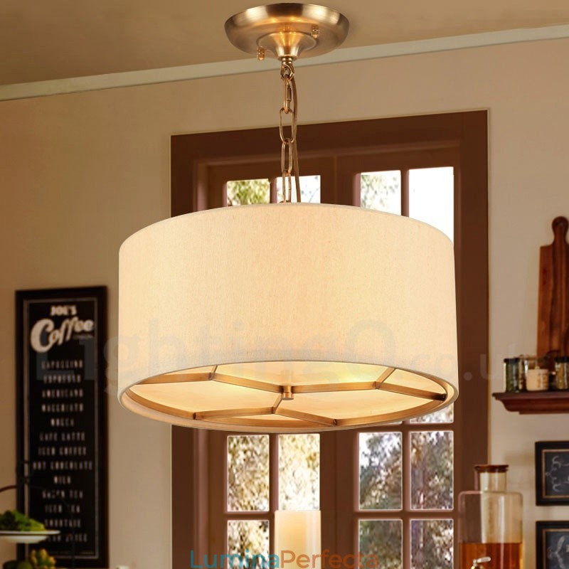 Candelabru cu pandantiv din alamă, retro, rustic, de lux, cu 4 lumini, cu abajur din material textil