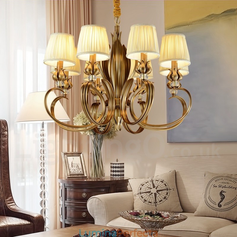 Candelabru cu pandantiv din alamă, retro, rustic, de lux, cu 8 lumini, cu abajur din material textil