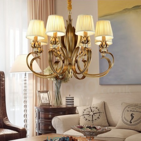 Candelabru cu pandantiv din alamă, retro, rustic, de lux, cu 8 lumini, cu abajur din material textil Candelabru cu pandantiv din alamă, retro, rustic, de lux, cu 8 lumini, cu abajur din material textil