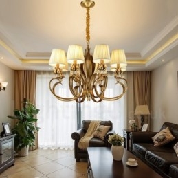 Candelabru cu pandantiv din alamă, retro, rustic, de lux, cu 8 lumini, cu abajur din material textil