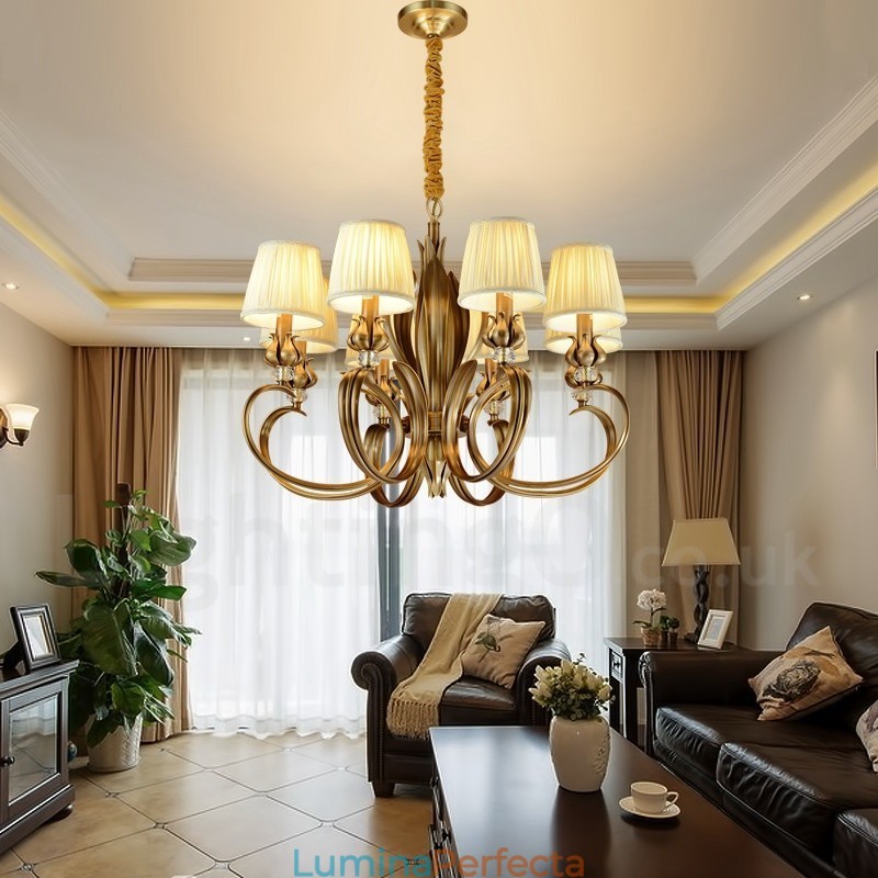 Candelabru cu pandantiv din alamă, retro, rustic, de lux, cu 8 lumini, cu abajur din material textil