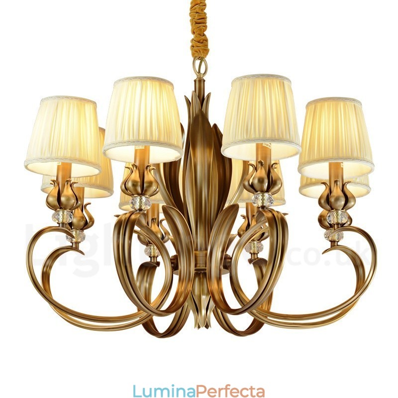 Candelabru cu pandantiv din alamă, retro, rustic, de lux, cu 8 lumini, cu abajur din material textil
