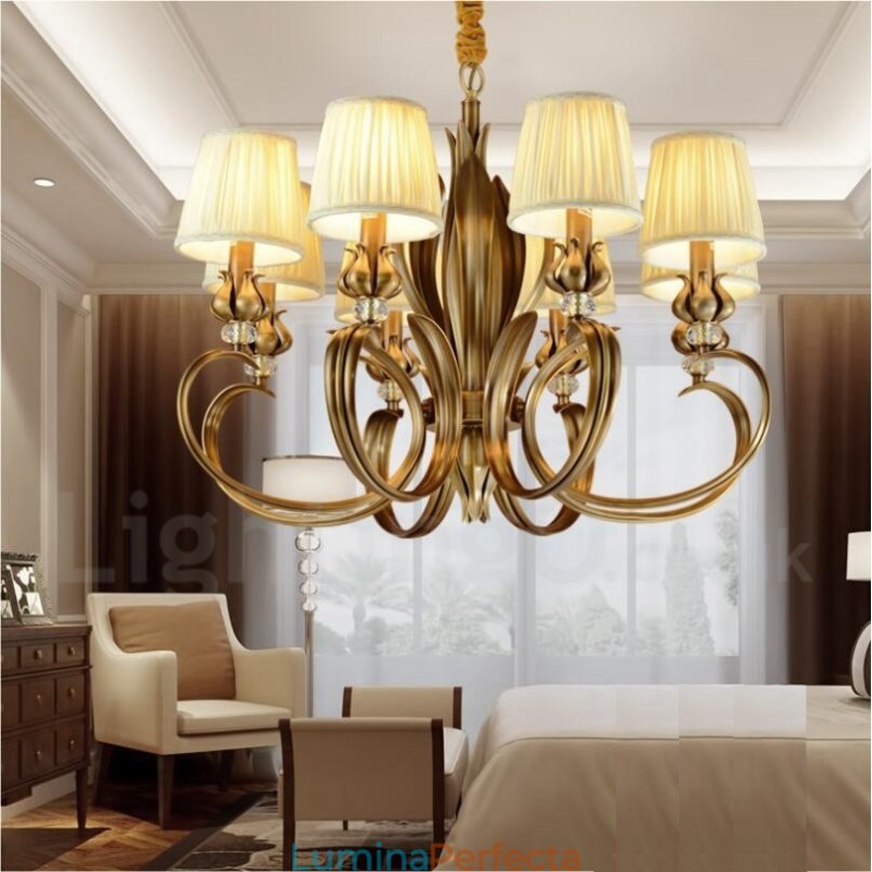 Candelabru cu pandantiv din alamă, retro, rustic, de lux, cu 8 lumini, cu abajur din material textil