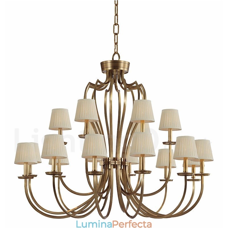 Candelabru cu pandantiv din alamă, retro, rustic, de lux, cu 18 lumini, cu abajur din material textil