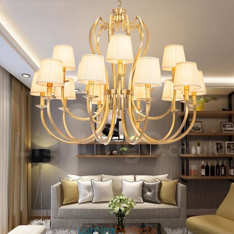 Candelabru cu pandantiv din alamă, retro, rustic, de lux, cu 18 lumini, cu abajur din material textil