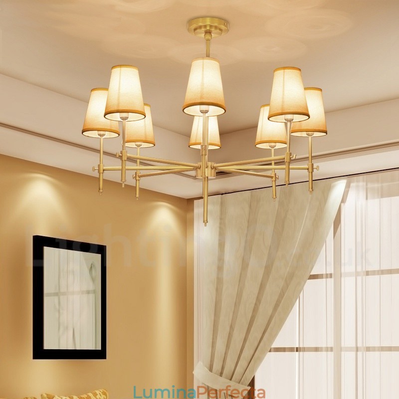 Candelabru cu pandantiv din alamă, retro, rustic, de lux, cu 8 lumini, cu abajur din material textil