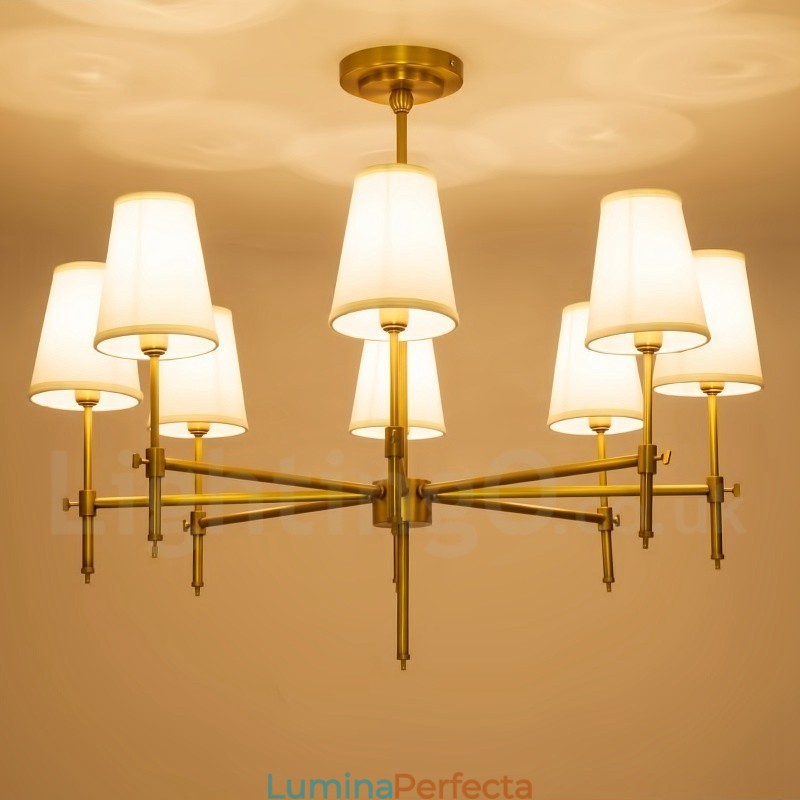 Candelabru cu pandantiv din alamă, retro, rustic, de lux, cu 8 lumini, cu abajur din material textil
