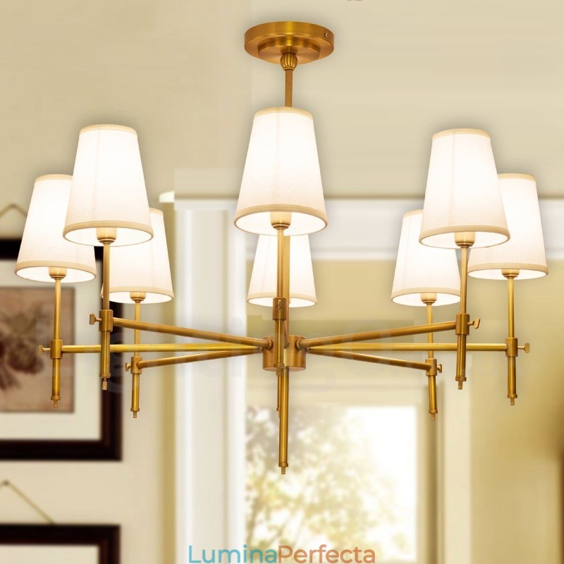 Candelabru cu pandantiv din alamă, retro, rustic, de lux, cu 8 lumini, cu abajur din material textil