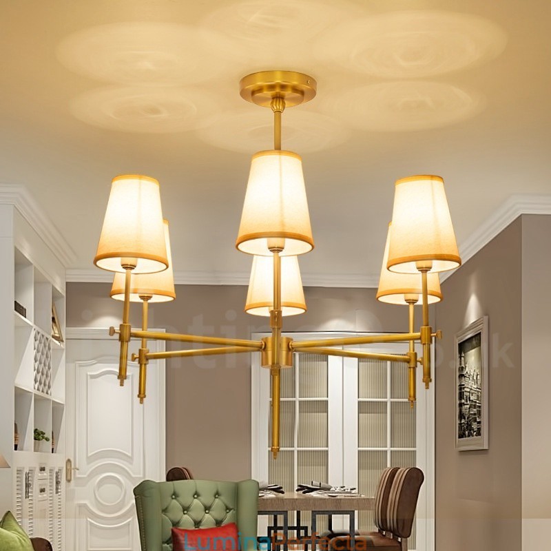 Candelabru cu pandantiv din alamă, retro, rustic, de lux, cu 6 lumini, cu abajur din material textil