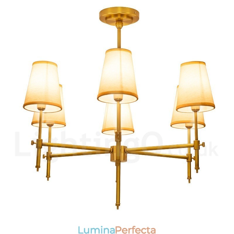 Candelabru cu pandantiv din alamă, retro, rustic, de lux, cu 6 lumini, cu abajur din material textil