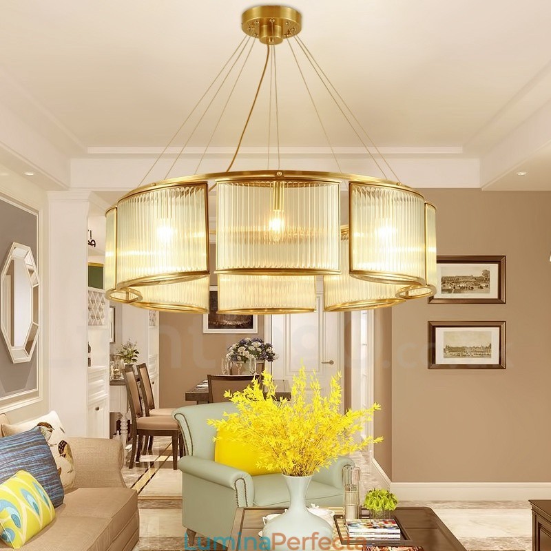 Candelabru cu pandantiv din alamă, retro, rustic, de lux, cu 8 lumini, cu abajur din sticlă