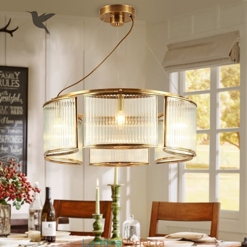 Candelabru cu pandantiv din alamă, retro, rustic, de lux, cu 6 lumini, cu abajur din sticlă