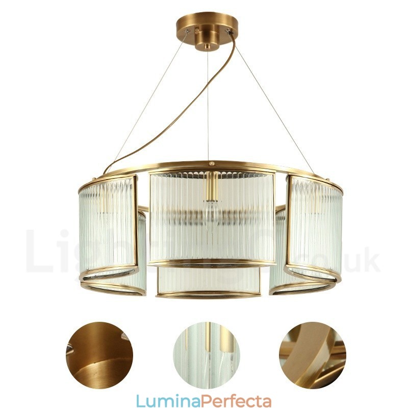 Candelabru cu pandantiv din alamă, retro, rustic, de lux, cu 6 lumini, cu abajur din sticlă