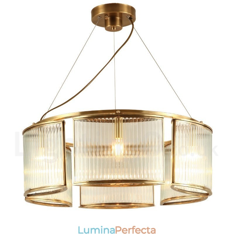 Candelabru cu pandantiv din alamă, retro, rustic, de lux, cu 6 lumini, cu abajur din sticlă