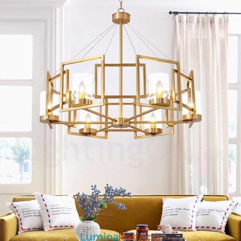 Candelabru cu pandantiv din alamă, retro, rustic, de lux, cu 6 lumini, cu abajur din sticlă