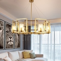 Candelabru cu pandantiv din alamă, retro, rustic, de lux, cu 6 lumini, cu abajur din sticlă