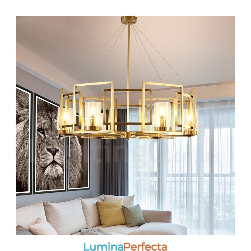 Candelabru cu pandantiv din alamă, retro, rustic, de lux, cu 6 lumini, cu abajur din sticlă