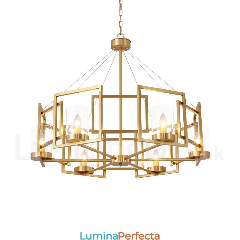 Candelabru cu pandantiv din alamă, retro, rustic, de lux, cu 6 lumini, cu abajur din sticlă