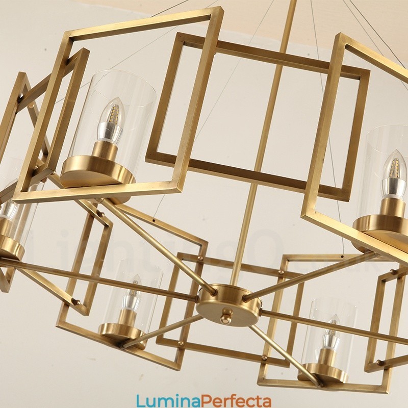Candelabru cu pandantiv din alamă, retro, rustic, de lux, cu 6 lumini, cu abajur din sticlă