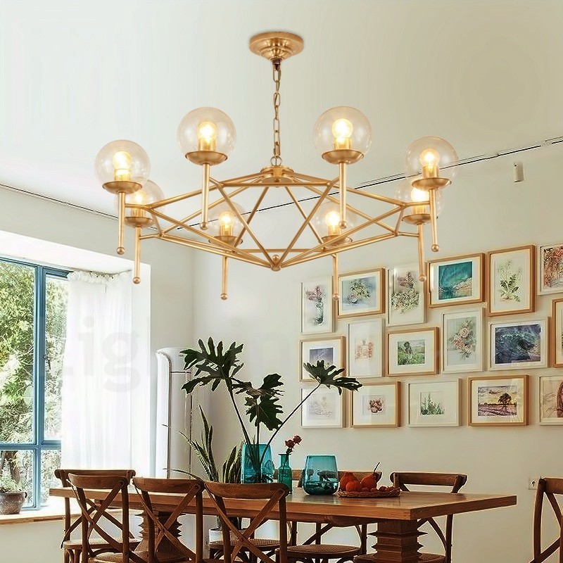 Candelabru cu pandantiv din alamă, retro, rustic, de lux, cu 6 lumini, cu abajur din sticlă