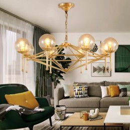 Candelabru cu pandantiv din alamă, retro, rustic, de lux, cu 6 lumini, cu abajur din sticlă