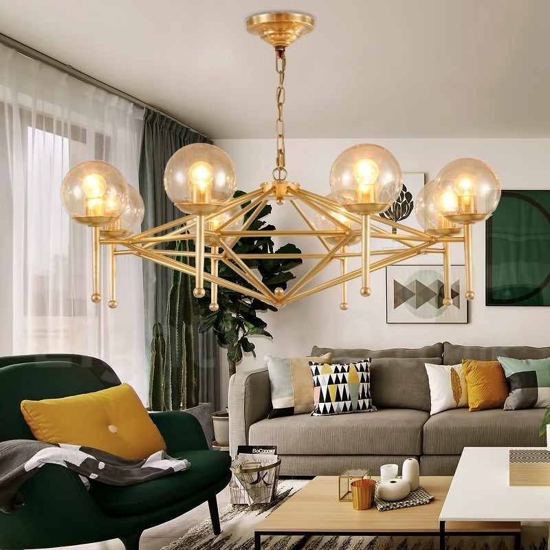 Candelabru cu pandantiv din alamă, retro, rustic, de lux, cu 6 lumini, cu abajur din sticlă