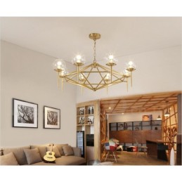 Candelabru cu pandantiv din alamă, retro, rustic, de lux, cu 6 lumini, cu abajur din sticlă