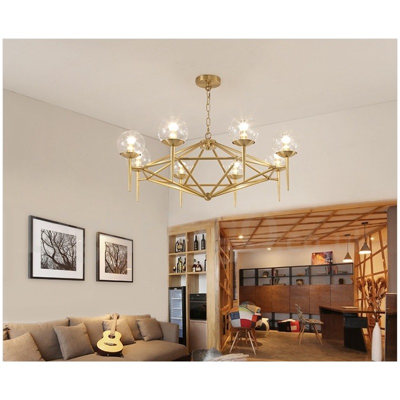 Candelabru cu pandantiv din alamă, retro, rustic, de lux, cu 6 lumini, cu abajur din sticlă