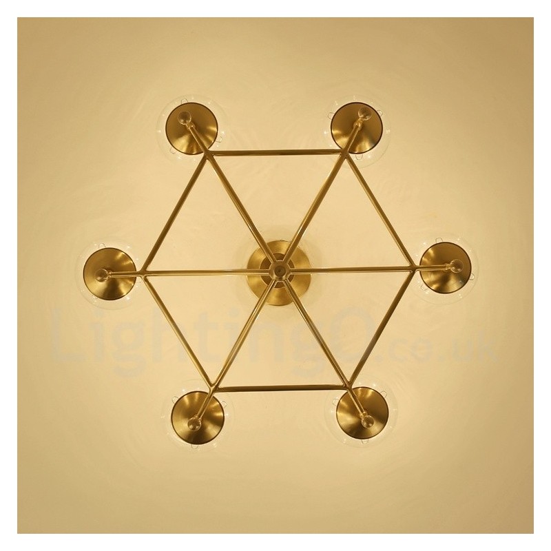 Candelabru cu pandantiv din alamă, retro, rustic, de lux, cu 6 lumini, cu abajur din sticlă