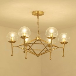 Candelabru cu pandantiv din alamă, retro, rustic, de lux, cu 6 lumini, cu abajur din sticlă