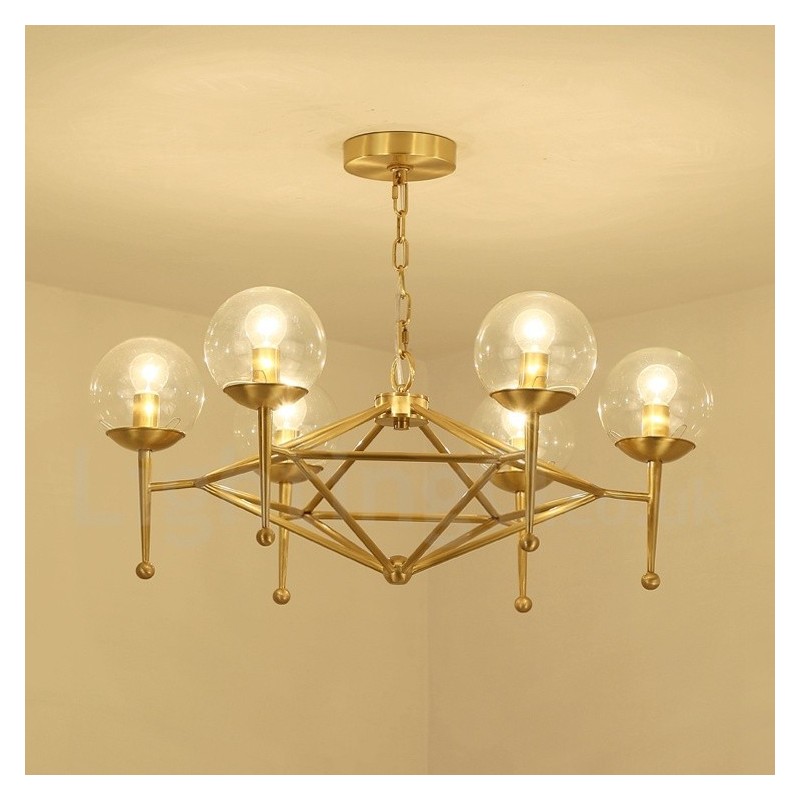 Candelabru cu pandantiv din alamă, retro, rustic, de lux, cu 6 lumini, cu abajur din sticlă