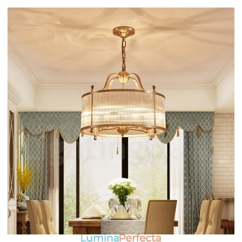 Candelabru cu pandantiv din alamă, retro, rustic, de lux, cu 5 lumini, cu abajur din sticlă