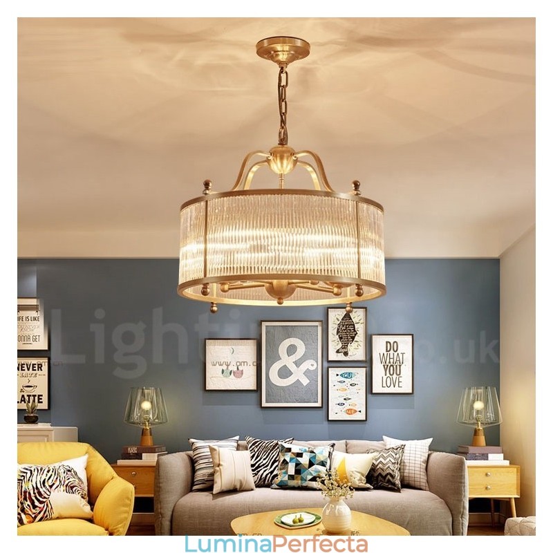 Candelabru cu pandantiv din alamă, retro, rustic, de lux, cu 5 lumini, cu abajur din sticlă