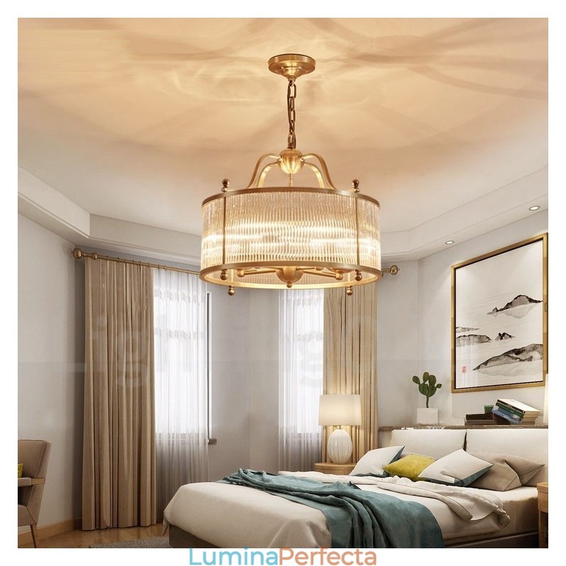 Candelabru cu pandantiv din alamă, retro, rustic, de lux, cu 5 lumini, cu abajur din sticlă
