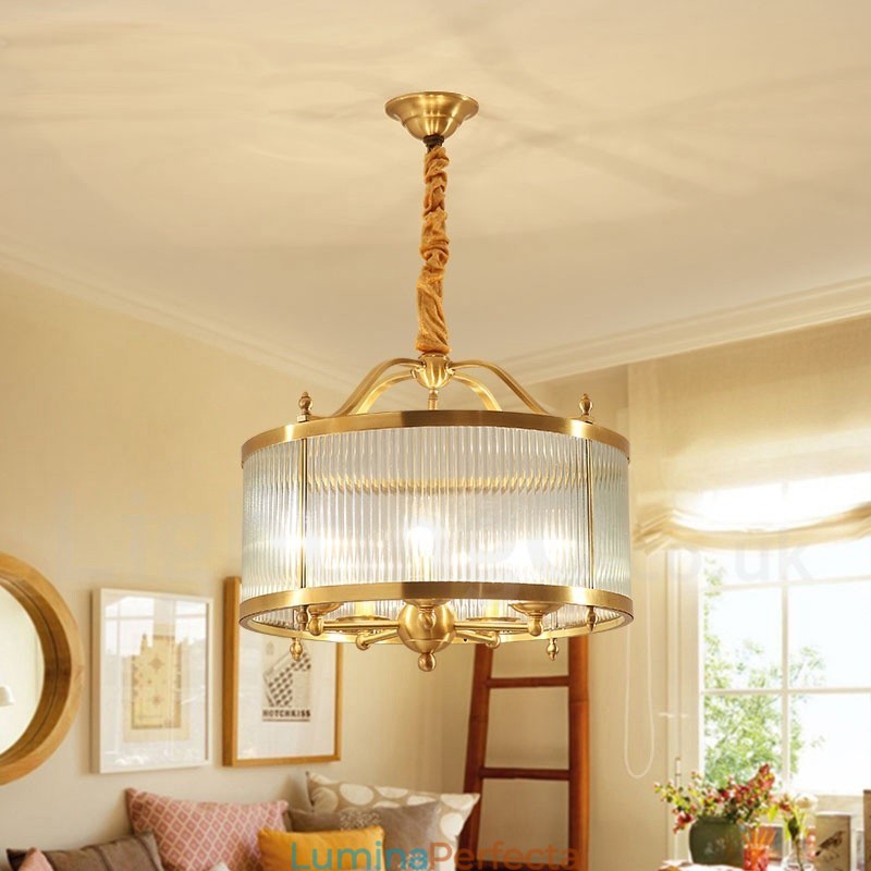 Candelabru cu pandantiv din alamă, retro, rustic, de lux, cu 5 lumini, cu abajur din sticlă