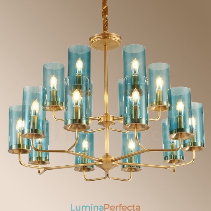 Candelabru cu pandantiv din alamă, retro, rustic, de lux, cu 16 lumini, cu abajur din sticlă